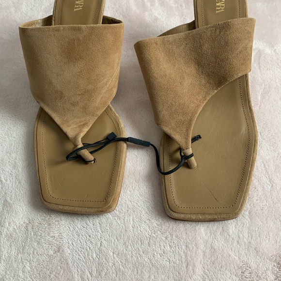 Zara leather suede thong heel sandals size 11 new 3 inch heel - Picture 9 of 10